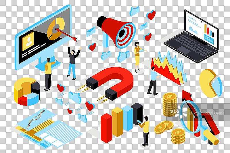 市场营销策略 3D 等距大套件图片素材