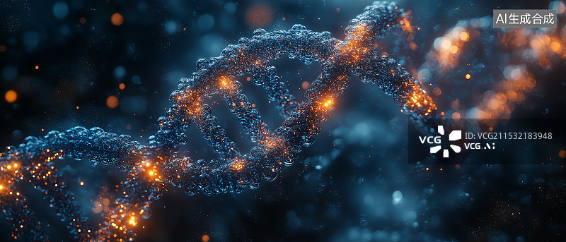 【AI数字艺术】合成生物：基因重塑之光，基因双螺旋幽蓝光线编织，分子球轨动碰撞，开启重塑生命的奇妙科技之旅。图片素材