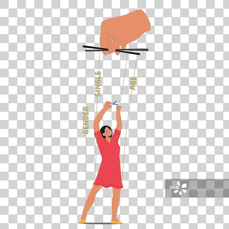 卡通女性角色剪断木偶的线绳图片素材
