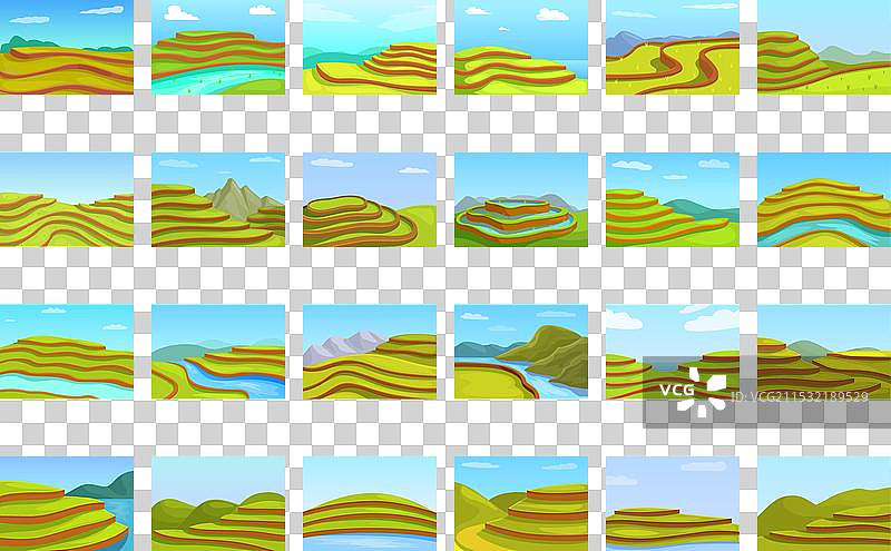 绿色稻田梯田图标集卡通风格图片素材