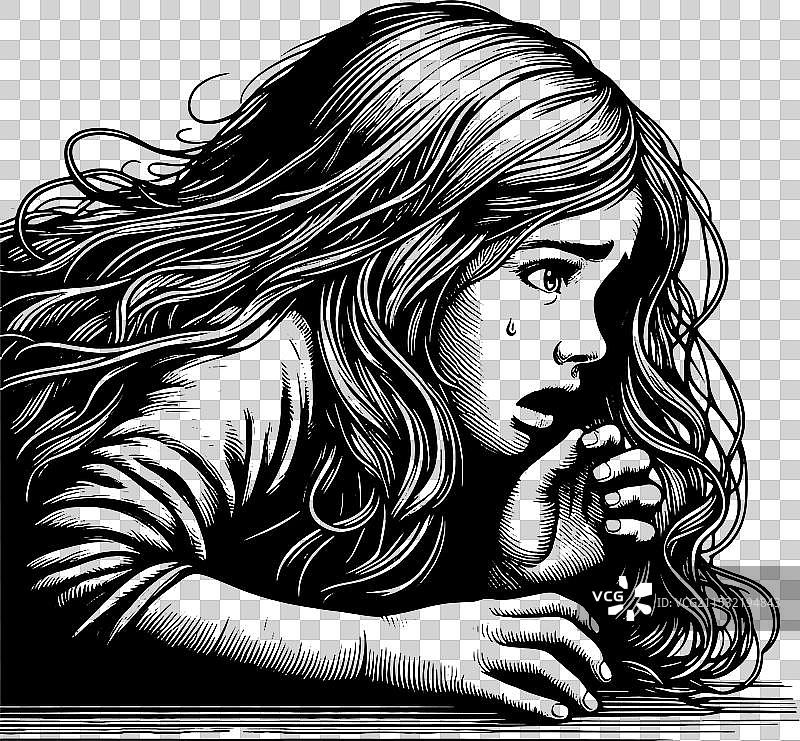 黑白色调中一位惊恐女性的肖像图片素材