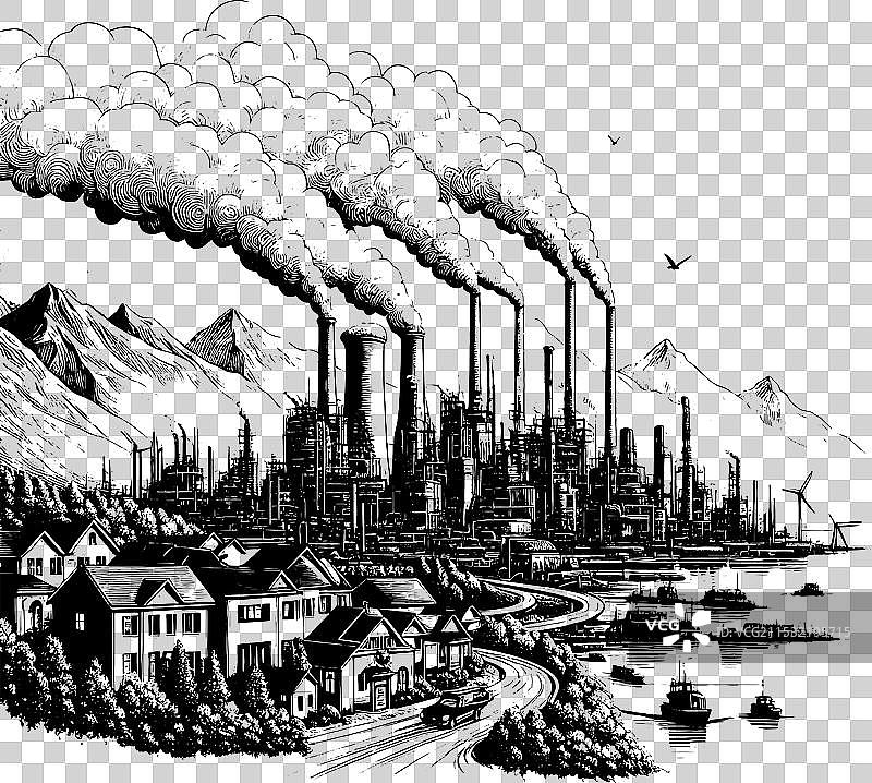 城市景观中的污染，伴随工厂和交通图片素材