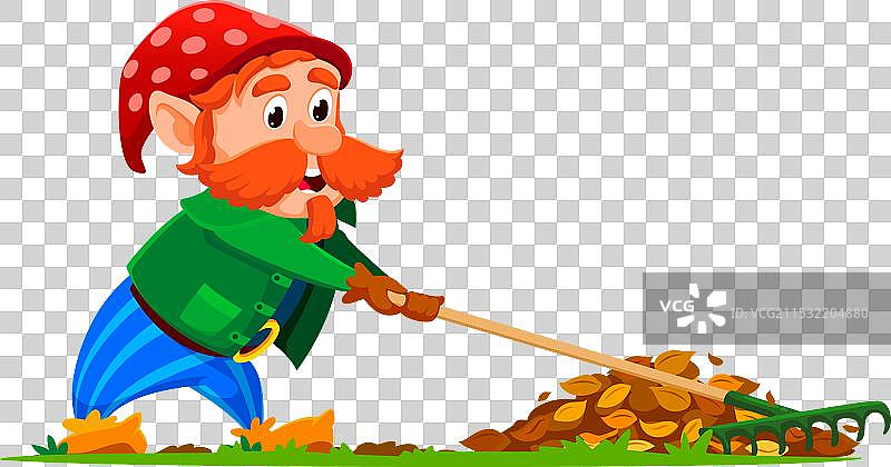 卡通小矮人正在花园里耙落下的秋天树叶图片素材