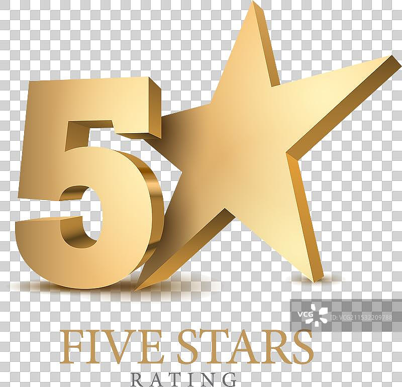 五颗金色的三维星级评分五颗星符号或标志图片素材