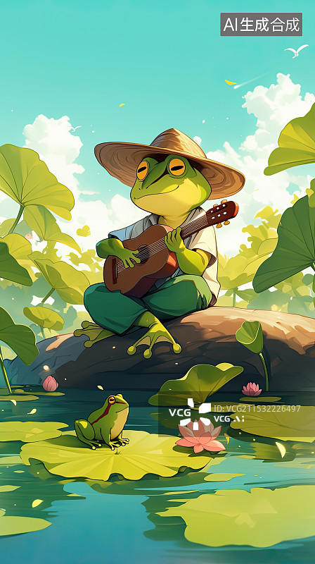 【AI数字艺术】下雨天荷叶上弹琴的小青蛙图片素材