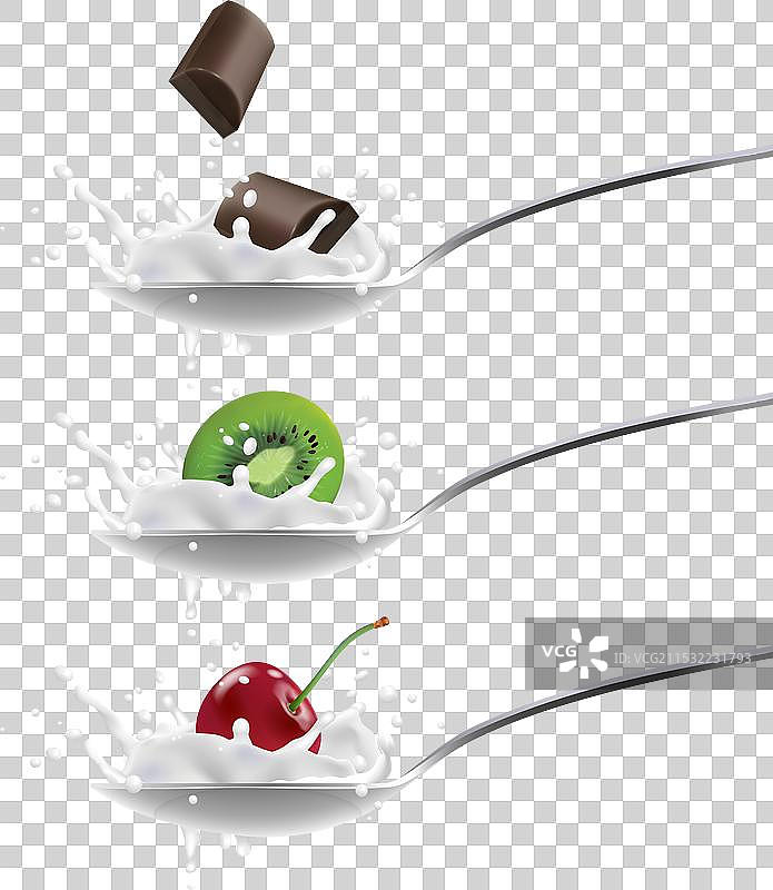 水果巧克力酸奶溅在勺子上图片素材