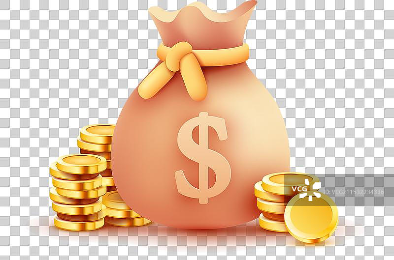 3D卡通风格的钱袋或现金袋与硬币堆放在一起图片素材