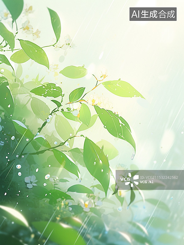 【AI数字艺术】春天清明谷雨节气小雨中的叶子和花朵插画图片素材