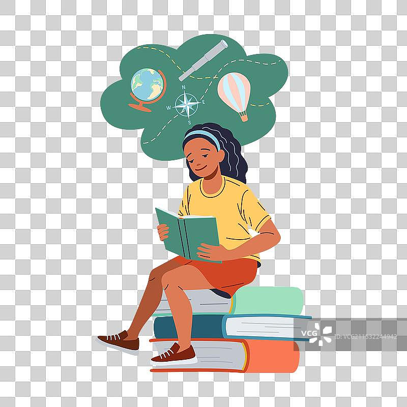 女孩坐在书上阅读地理教科书图片素材