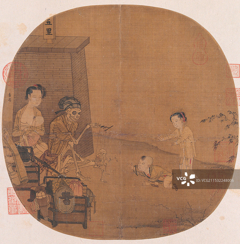 中国宋代绘画，街头艺人表演，李嵩，骷髅幻戏图页图片素材