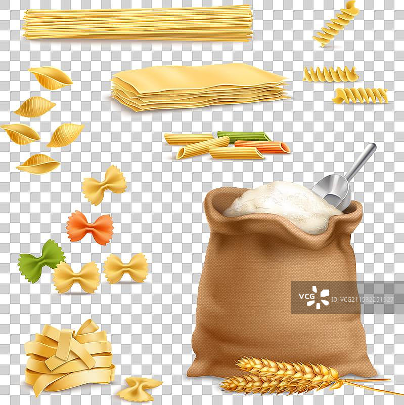 逼真的意大利面、小麦穗和面粉图片素材