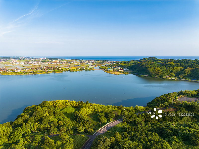 日本本州，中国地区，汤梨滨町，东乡湖，東鄉池，东乡温泉，望湖楼，山阴八景，日本唯一的湖上温泉，航拍图片素材