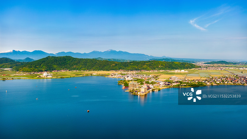 日本本州，中国地区，汤梨滨町，东乡湖，東鄉池，东乡温泉，望湖楼，山阴八景，日本大山，伯耆富士，航拍图片素材