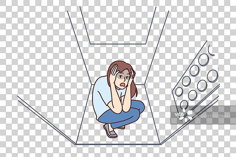 被困在电梯里的女性感到幽闭恐惧症和焦虑图片素材