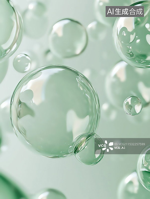 【AI数字艺术】淡绿色球体泡泡气泡的特写镜头化妆品概念背景图片素材