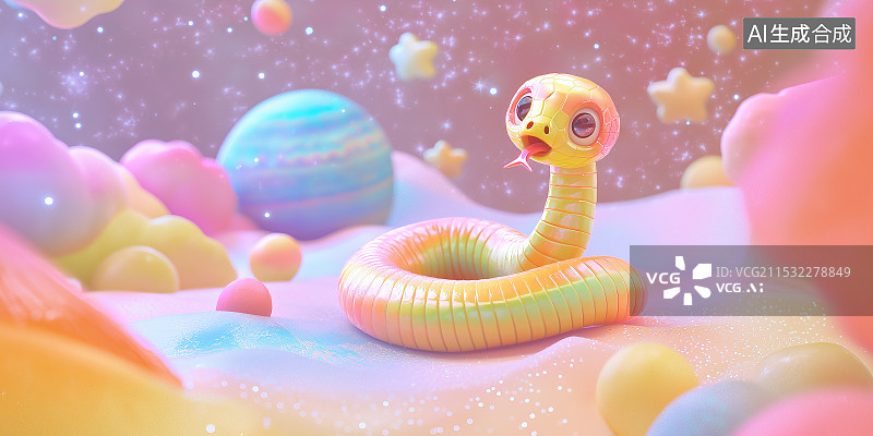 【AI数字艺术】3D 可爱蛇形象，无手脚角，尖舌分叉，质感柔和。与一物搭配于纯色背景，独特创意造型尽显萌态，独具魅力图片素材