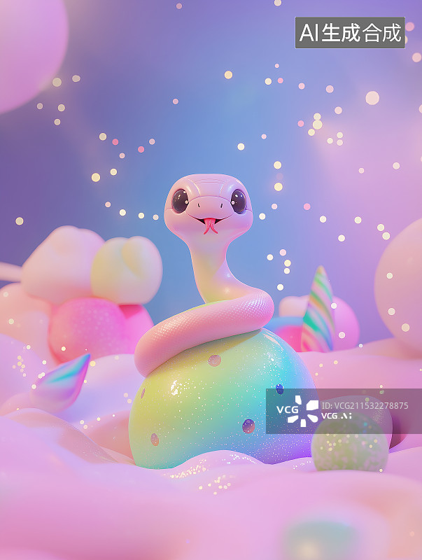 【AI数字艺术】3D 可爱蛇形象，无手脚角，尖舌分叉，质感柔和。与一物搭配于纯色背景，独特创意造型尽显萌态，独具魅力图片素材