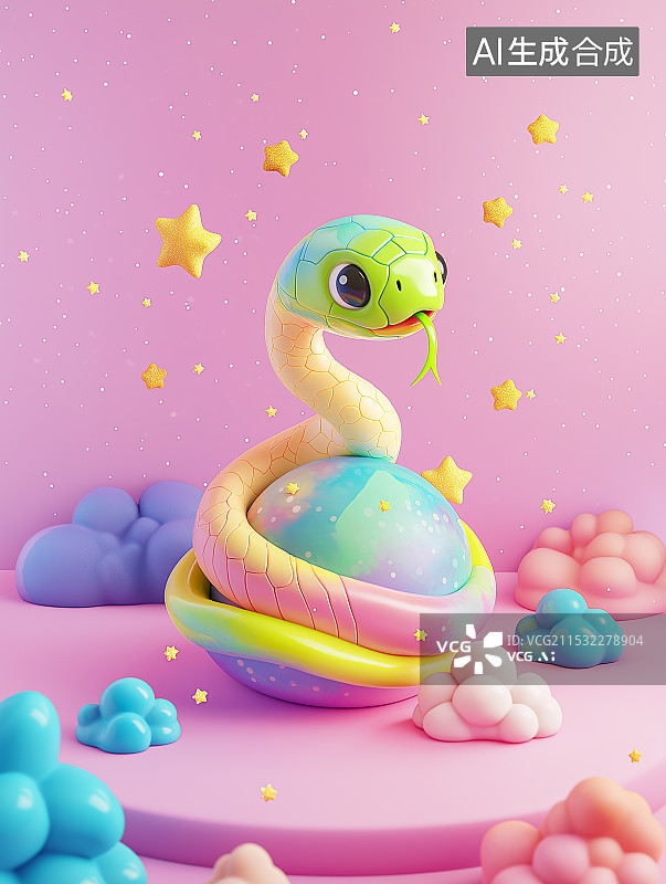 【AI数字艺术】3D 可爱蛇形象，无手脚角，尖舌分叉，质感柔和。与一物搭配于纯色背景，独特创意造型尽显萌态，独具魅力图片素材