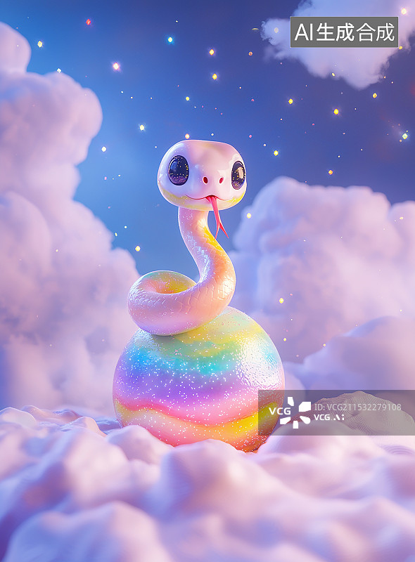 【AI数字艺术】3D 可爱蛇形象，无手脚角，尖舌分叉，质感柔和。与一物搭配于纯色背景，独特创意造型尽显萌态，独具魅力图片素材