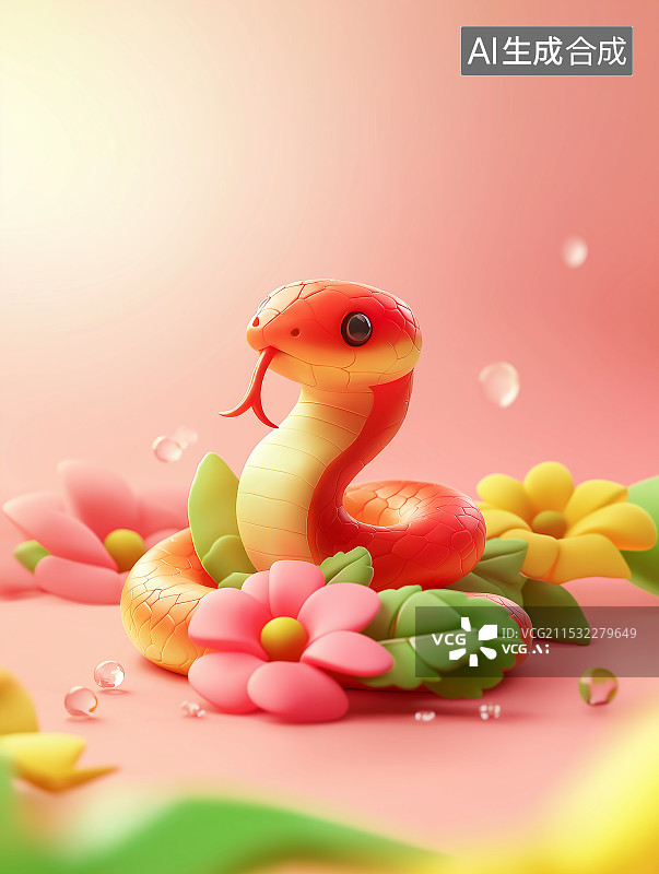 【AI数字艺术】3D 可爱蛇形象，无手脚角，尖舌分叉，质感柔和。与一物搭配于纯色背景，独特创意造型尽显萌态，独具魅力图片素材