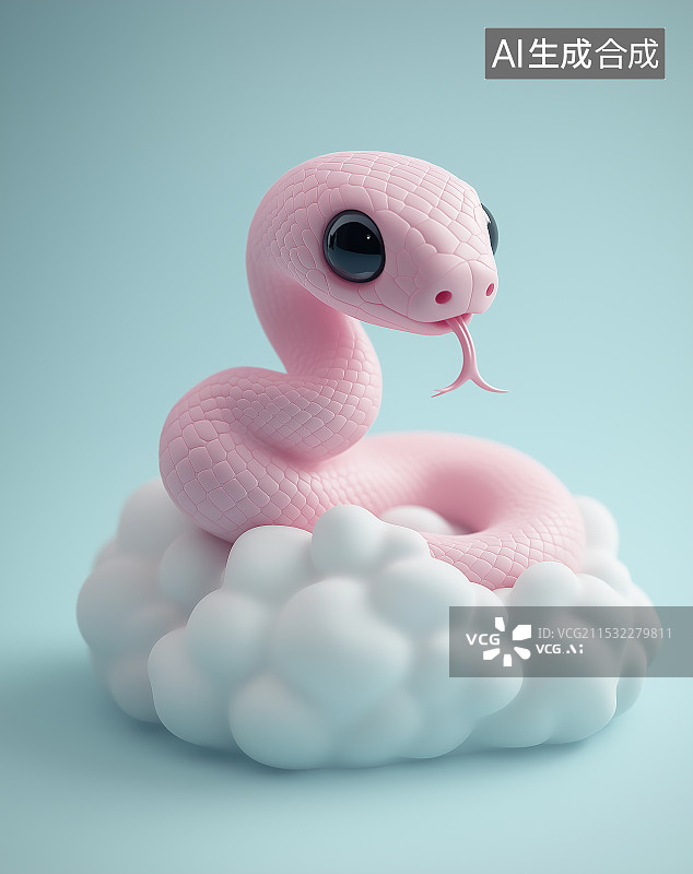 【AI数字艺术】3D 可爱蛇形象，无手脚角，尖舌分叉，质感柔和。与一物搭配于纯色背景，独特创意造型尽显萌态，独具魅力图片素材