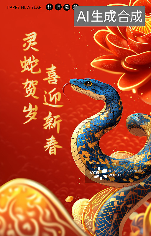 【AI数字艺术】蛇年2025年金蛇红色背景国风海报，十二生肖贺岁图片素材