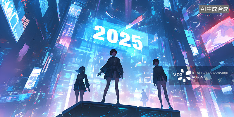 【AI数字艺术】数字设计插画-科幻赛博朋克风格2025新年元旦蓝色背景图片素材