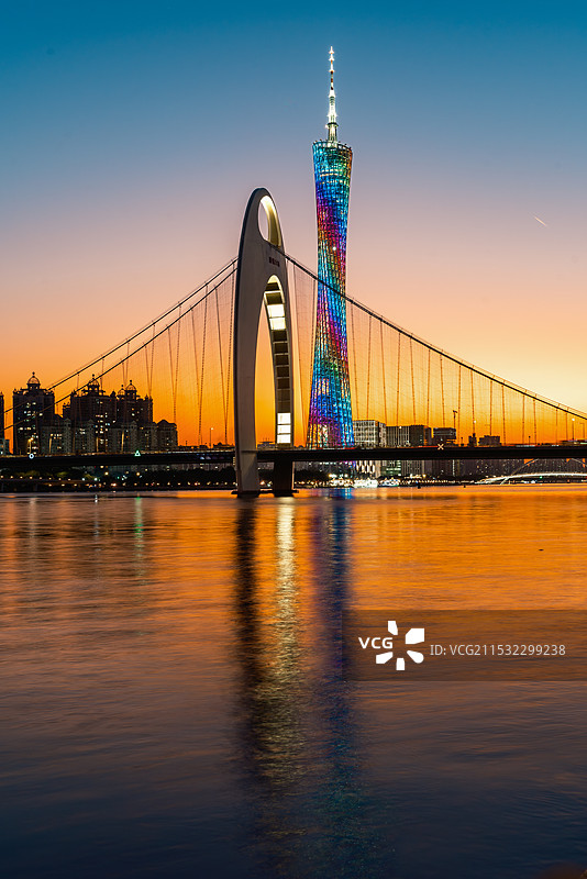 黄昏的珠江边，广州塔与猎德大桥。图片素材