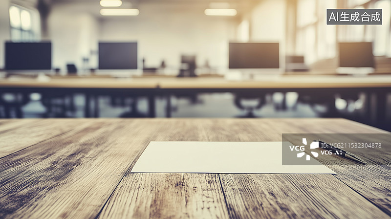 【AI数字艺术】手写辞职信放在木质桌面上，旁边放着一支笔，象征着离职的情感抉择。背景模糊的办公室突显出这一私密瞬间。图片素材