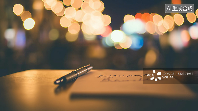 【AI数字艺术】手写辞职信放在木质桌面上，旁边放着一支笔，象征着离职的情感抉择。背景模糊的办公室突显出这一私密瞬间。图片素材