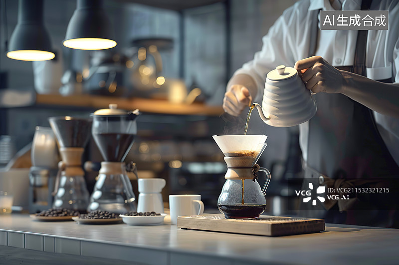 【AI数字艺术】咖啡师制作手冲咖啡过程图片素材