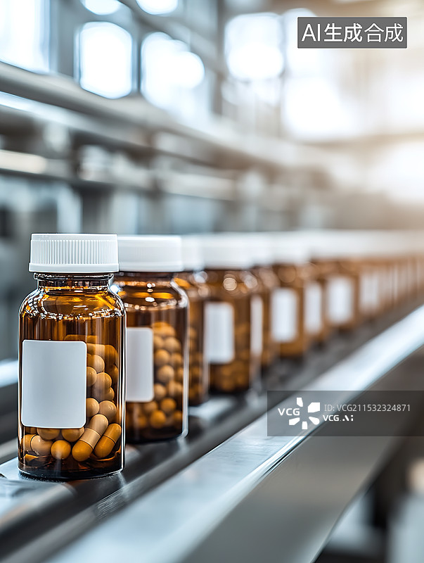【AI数字艺术】药品生产线上的一排棕色药瓶图片素材