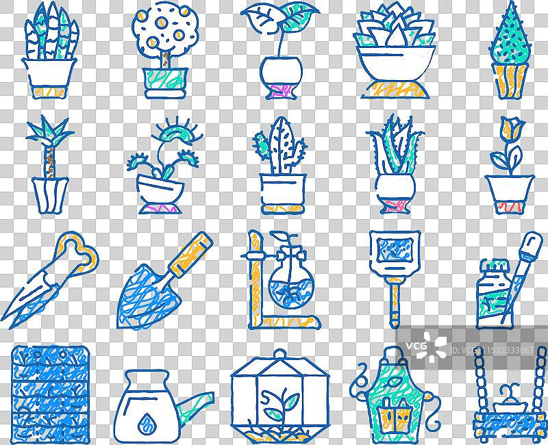 手绘的盆栽植物和护理配件图标图片素材