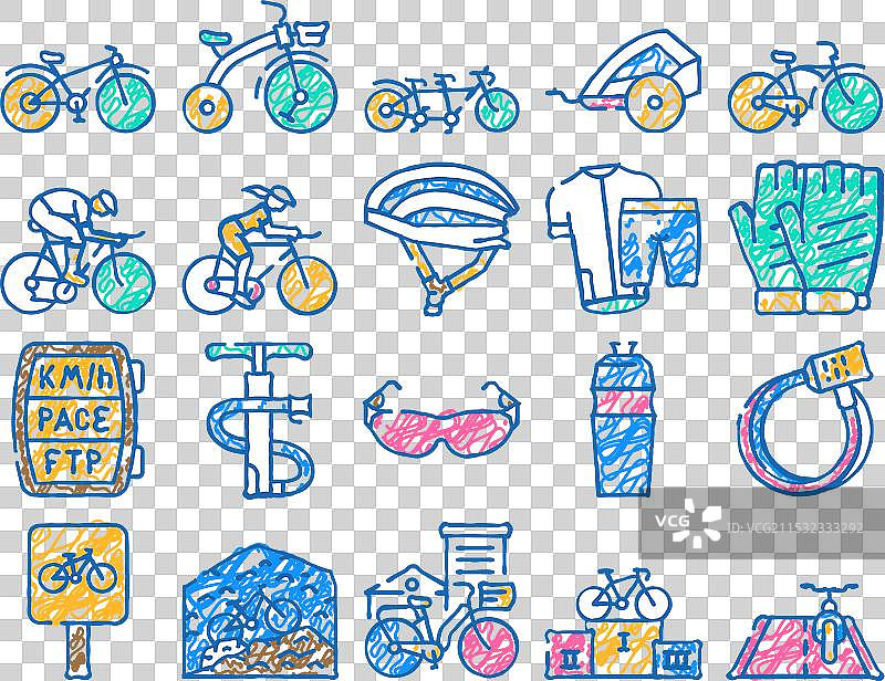 手绘自行车运输和配件图标图片素材