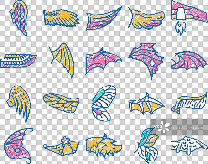 手绘的动物、鸟类和昆虫翅膀飞翔图标图片素材