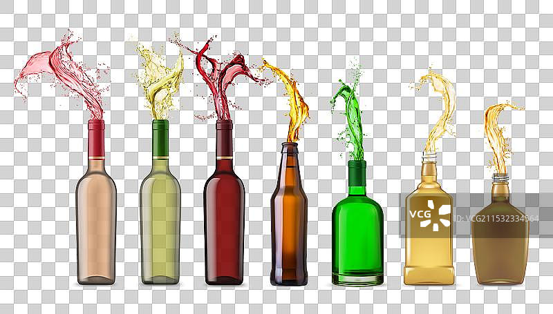 带有飞溅的酒瓶，孤立的3D排列图片素材