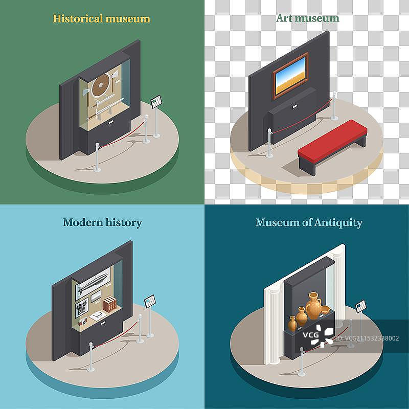 博物馆展示的四个等距图标图片素材