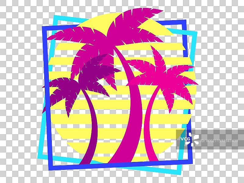 日落时的棕榈树，80年代风格的复古太阳图片素材