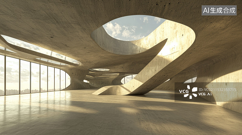 【AI数字艺术】建筑中的圆形天窗与蓝天白云交相辉映图片素材