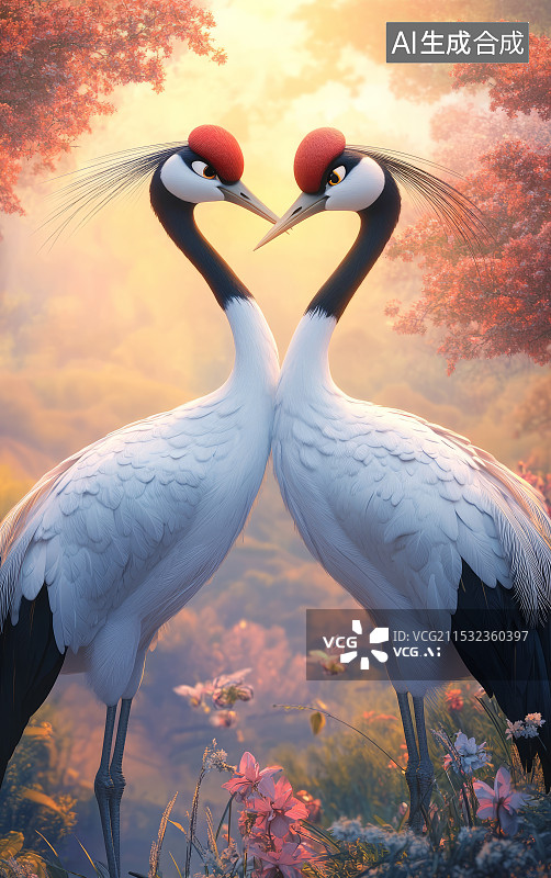 【AI数字艺术】两只心形造型的白鹤图片素材