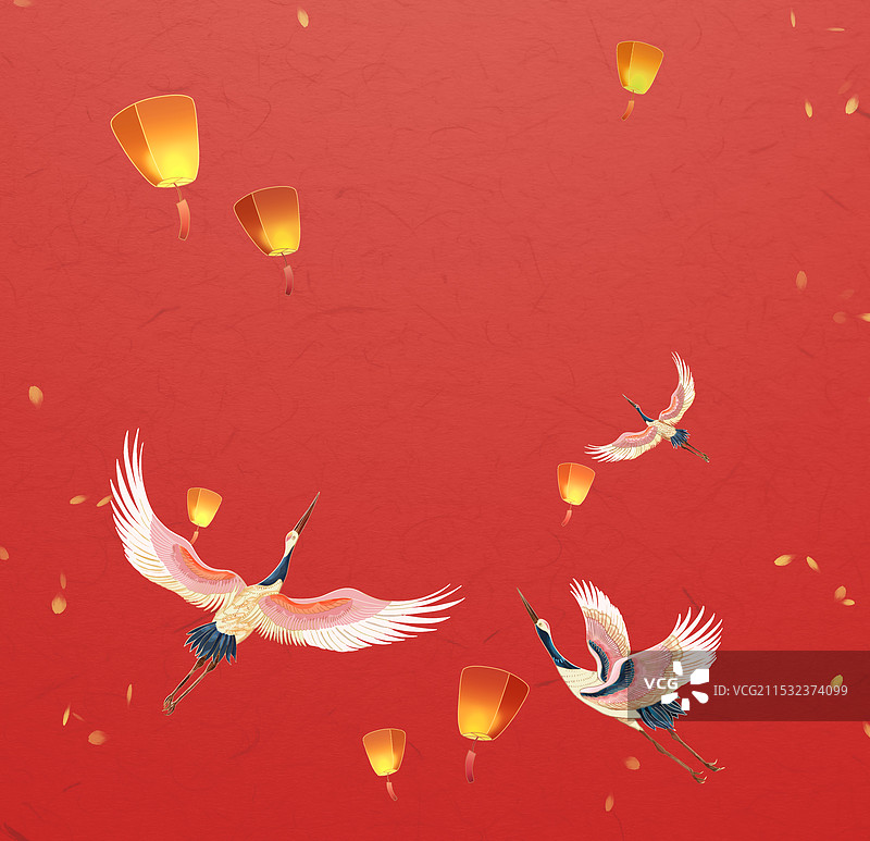 仙鹤、孔明灯图片素材