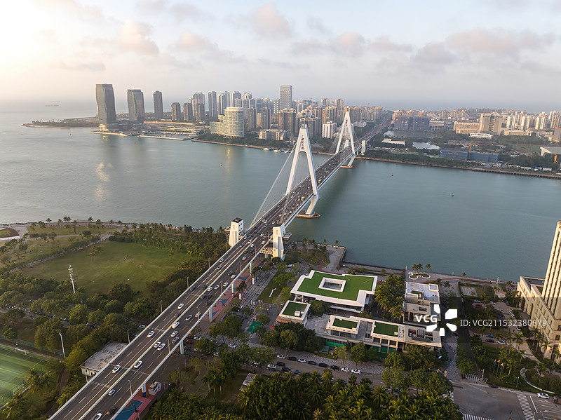 海南海口海滨新城世纪大桥CBD高空航拍图片素材