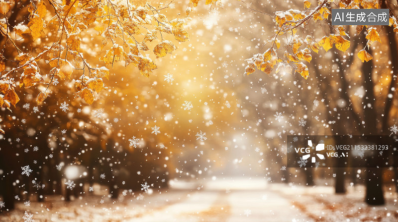 【AI数字艺术】冬天积雪的树叶和飘落的雪花图片素材