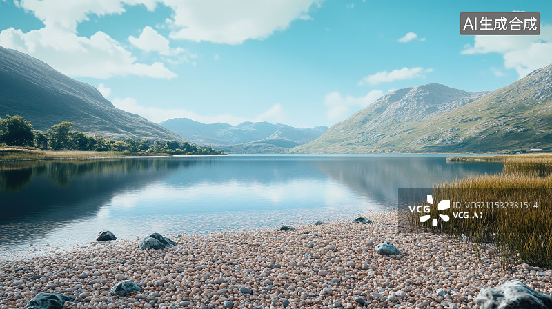 【AI数字艺术】高山湖泊自然风光和碎石子道路图片素材