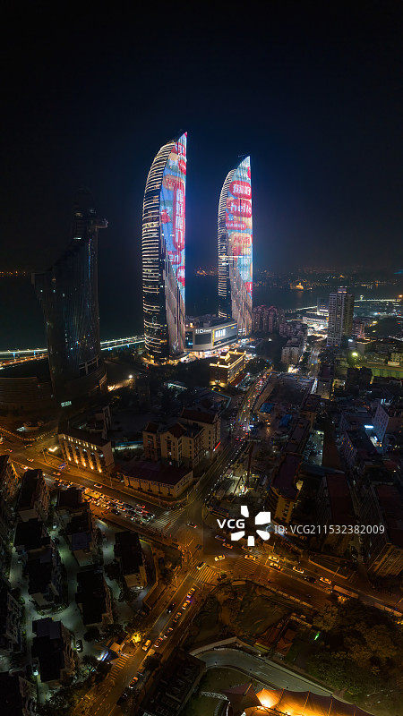 福建厦门海峡世贸双子塔大厦夜景日出航拍图片素材