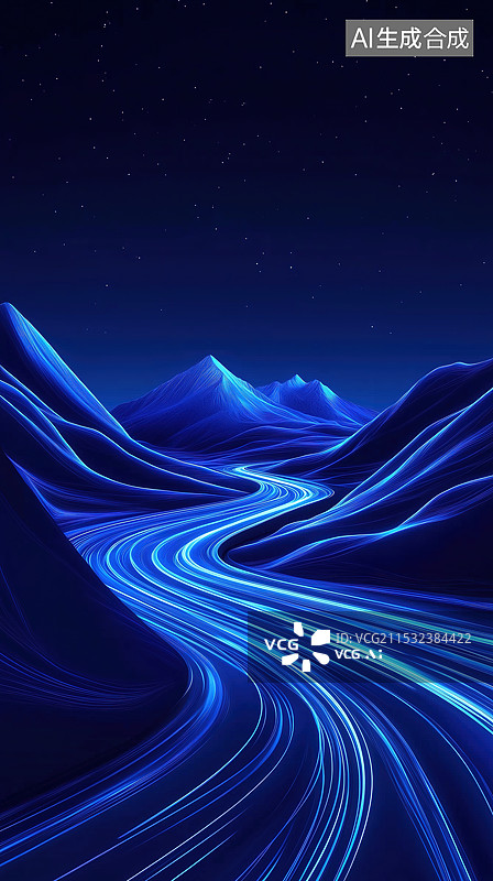 【AI数字艺术】蓝色山脚下路面流光图片素材