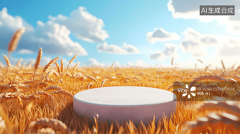 【AI数字艺术】秋天小麦丰收产品展台乡村电商背景图片素材