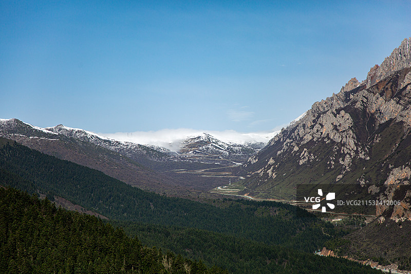 山谷蜿蜒的小路通向远处冰山图片素材