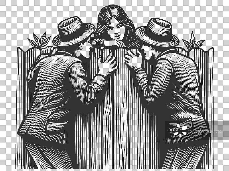 两个男人在篱笆上低声交谈图片素材