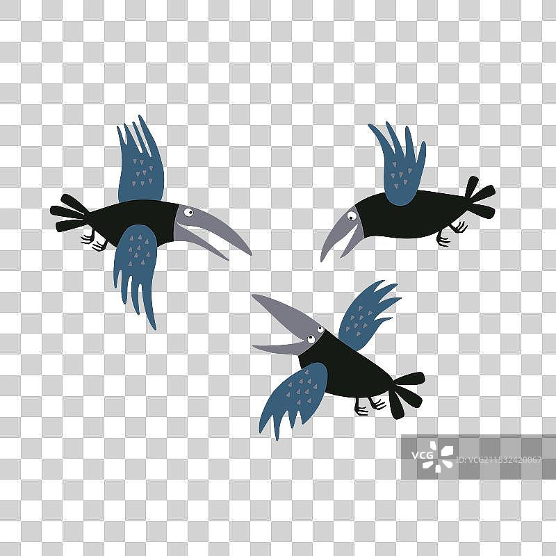 一组有趣的飞翔乌鸦或渡鸦图片素材